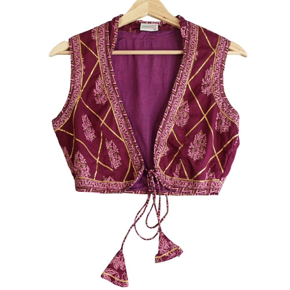 Vintage Block Print Cropped Vest XS Purple Gold Boho Festival Indian Summer Top